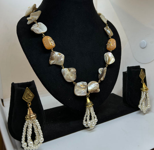 Timeless Mother of Pearl Long Necklace Set with Earrings