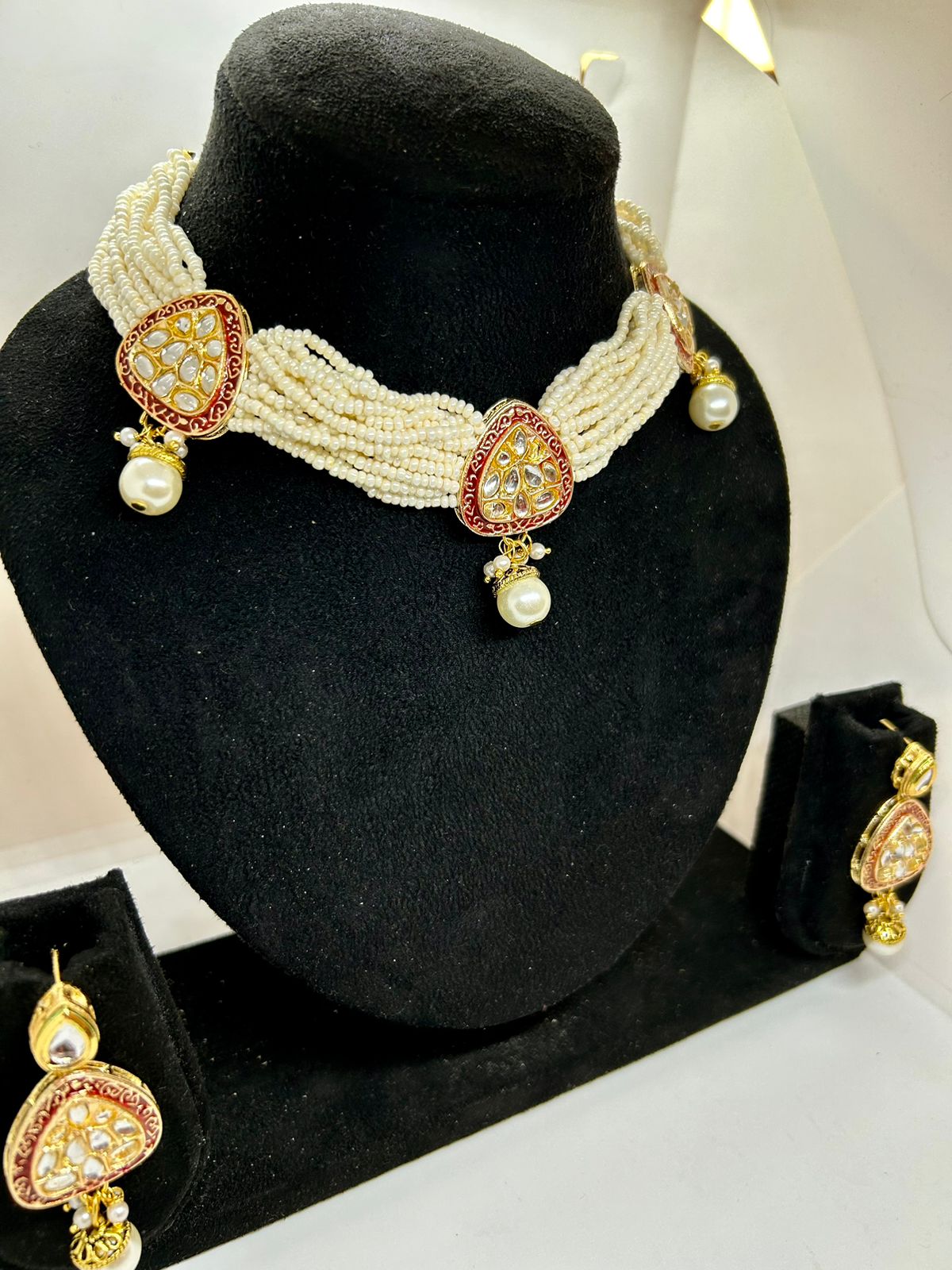 Crimson Crimson Kundan and Rice Pearl Necklace with Earrings