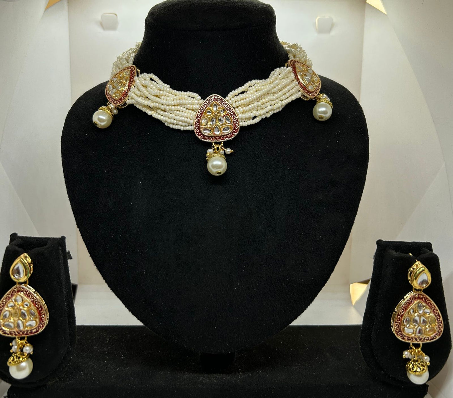 Crimson Crimson Kundan and Rice Pearl Necklace with Earrings