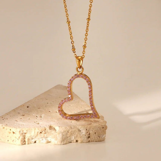 18K Gold Plated Pink Zircon Heart Necklace