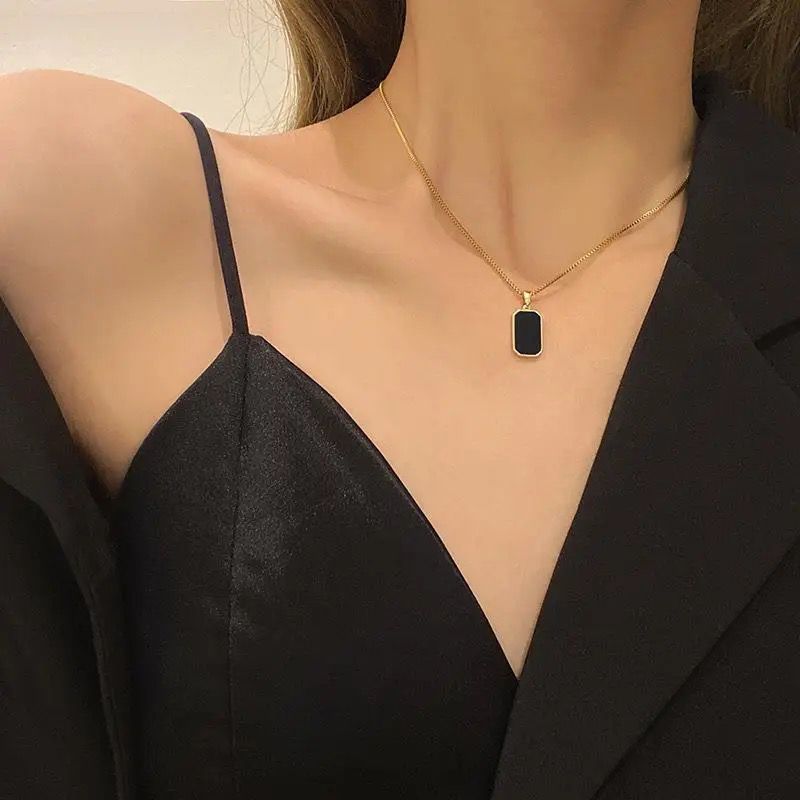 18k Gold-Plated Rectangle & Square Black Pendant Necklace