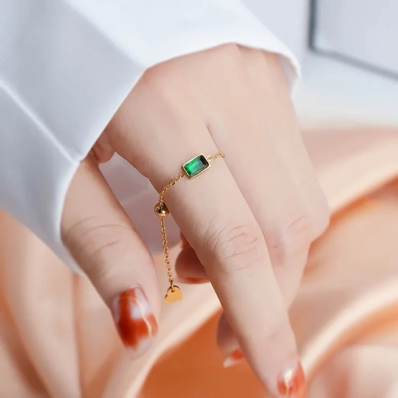 18k Gold Plated Vintage Emerald Rhinestone Adjustable Ring