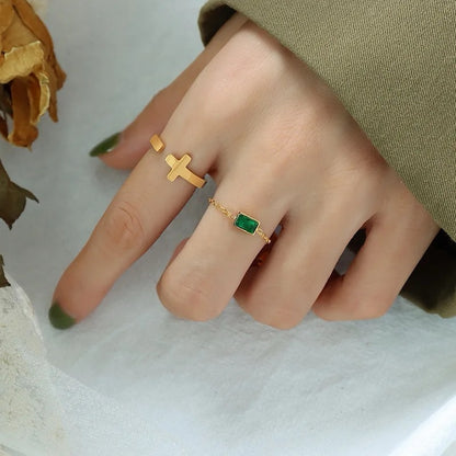 18k Gold Plated Vintage Emerald Rhinestone Adjustable Ring