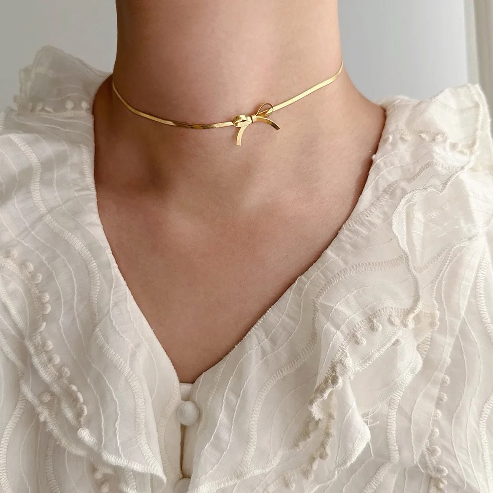 18K Gold Plated Stainless Steel Bow Knot Pendant Snake Chain Choker Necklace