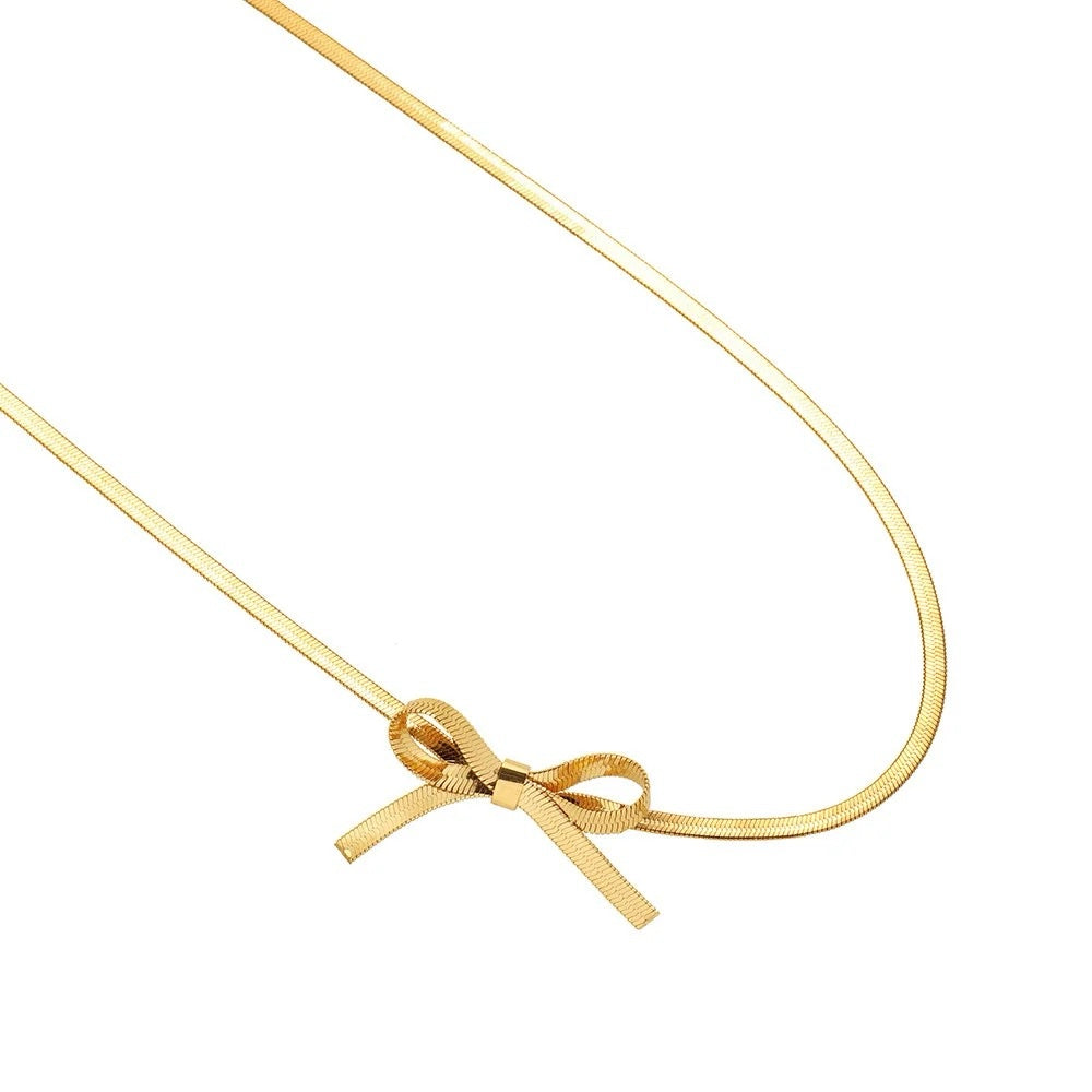 18K Gold Plated Stainless Steel Bow Knot Pendant Snake Chain Choker Necklace