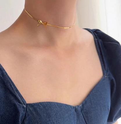 18K Gold Plated Stainless Steel Bow Knot Pendant Snake Chain Choker Necklace