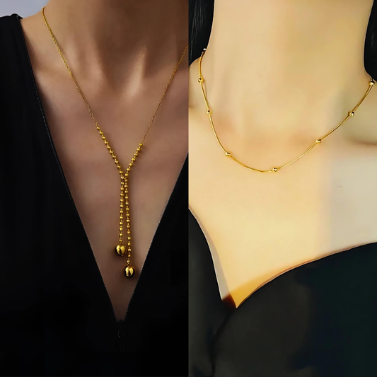 Combo Set : 18K Gold Round Dots &amp; Geometric Titanium Steel Necklace Set