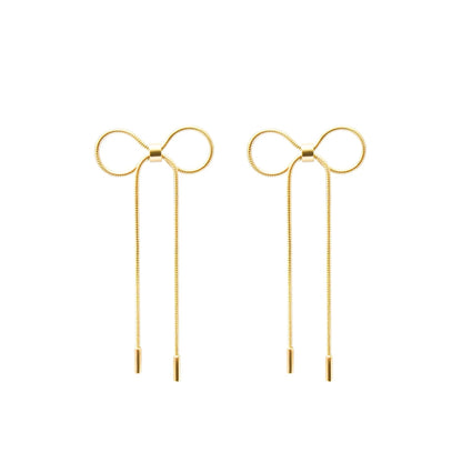 18k Gold Plated Minimalist Bow Tassel Earrings - Snake Chain Design